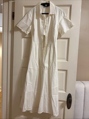 White Button-Front Collared Midi Dress